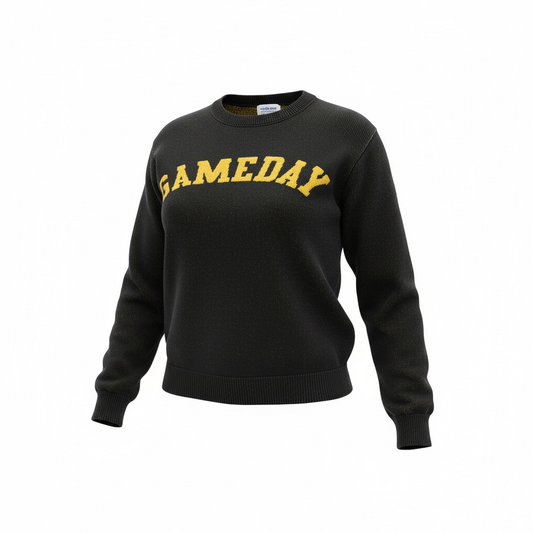 Black sweater with 'GAMEDAY' in yellow text