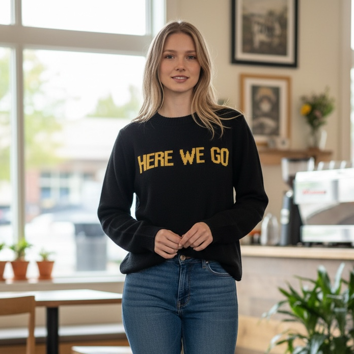 Black sweater with 'HERE WE GO' text in a yellow gold