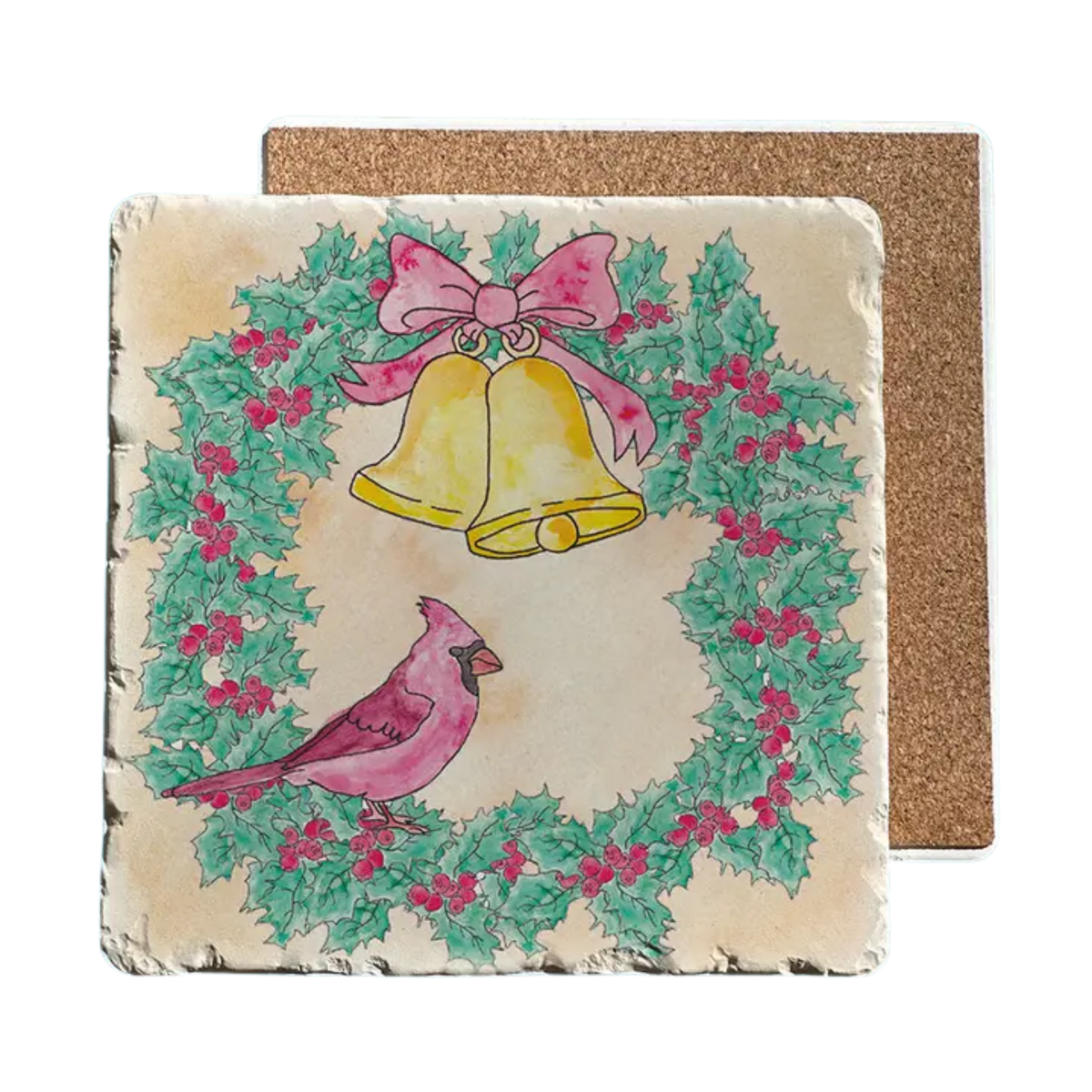 Trivet with cardinal, wreath and bell on white background