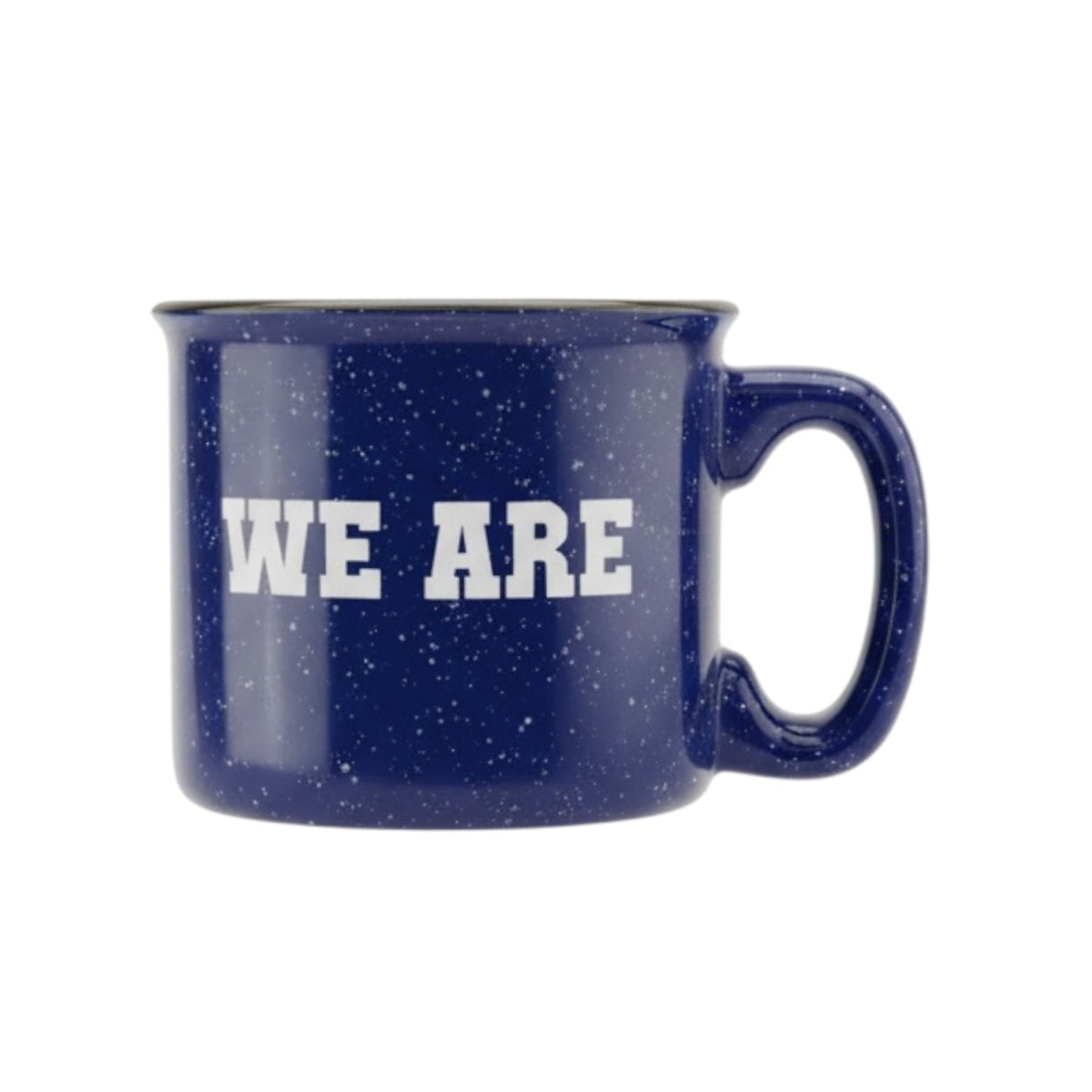 Cobalt blue ceramic mug with 'WE ARE' text 