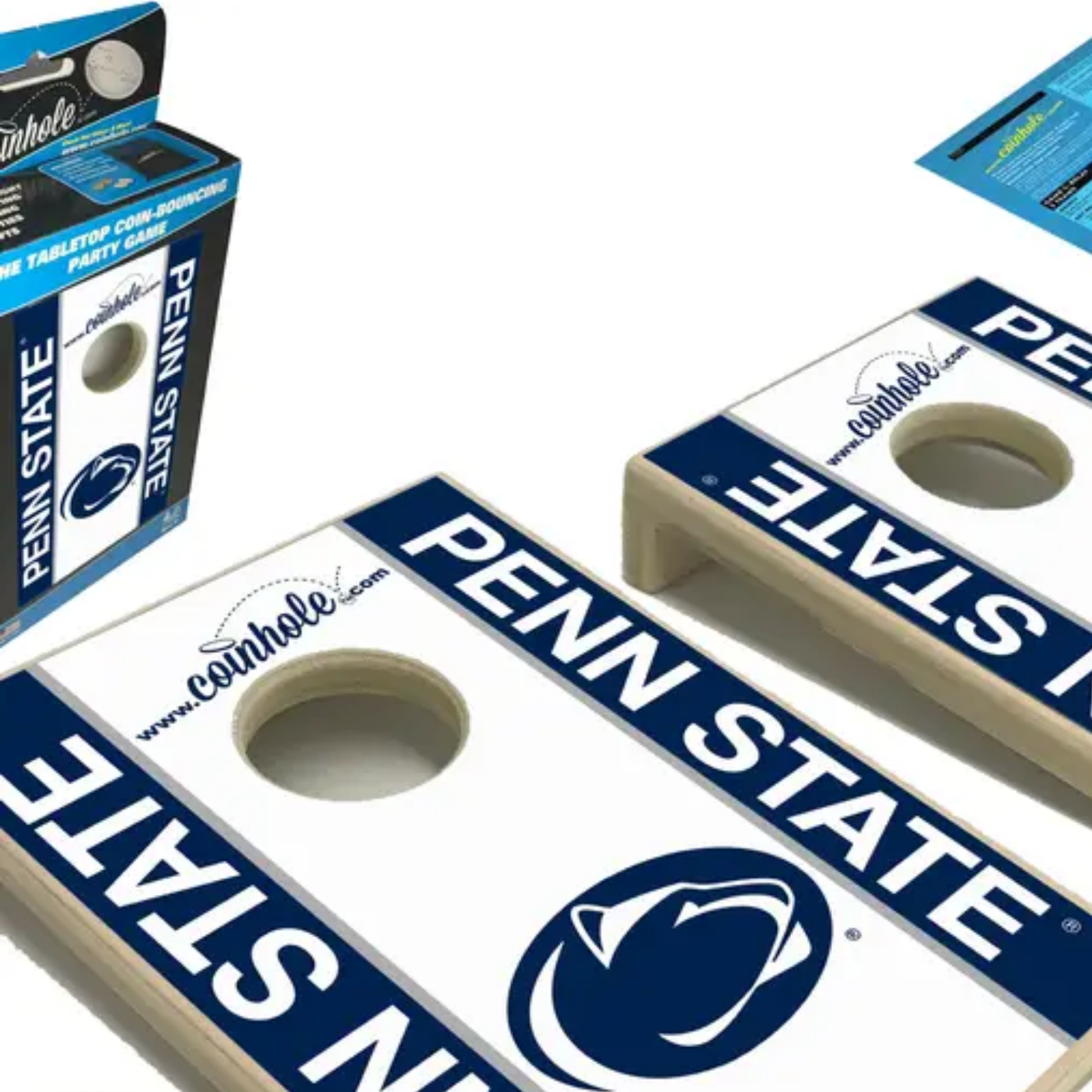 Cornhole boards with 'Penn State' branding on a white background