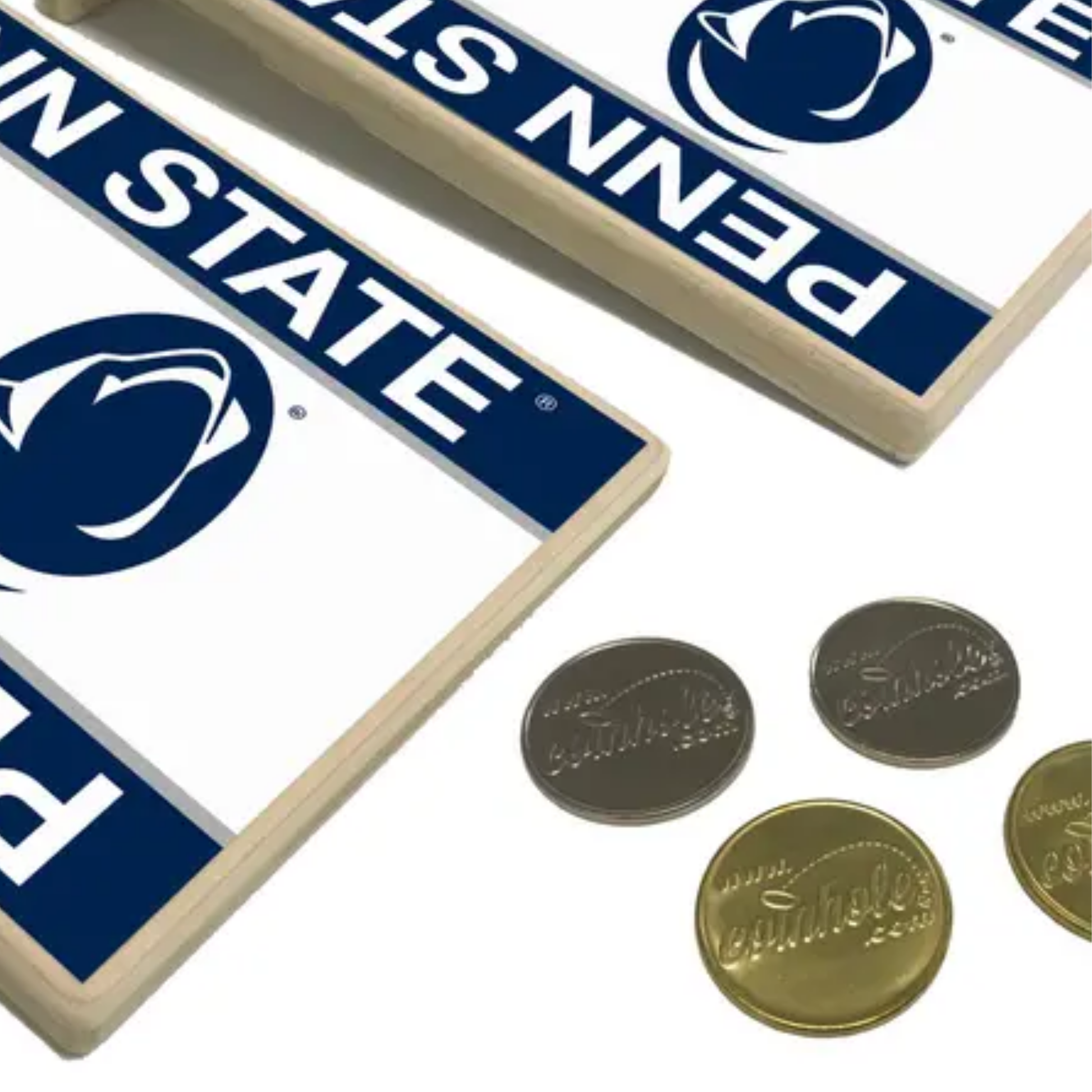 Penn State-themed items including license plates and coins on a white background