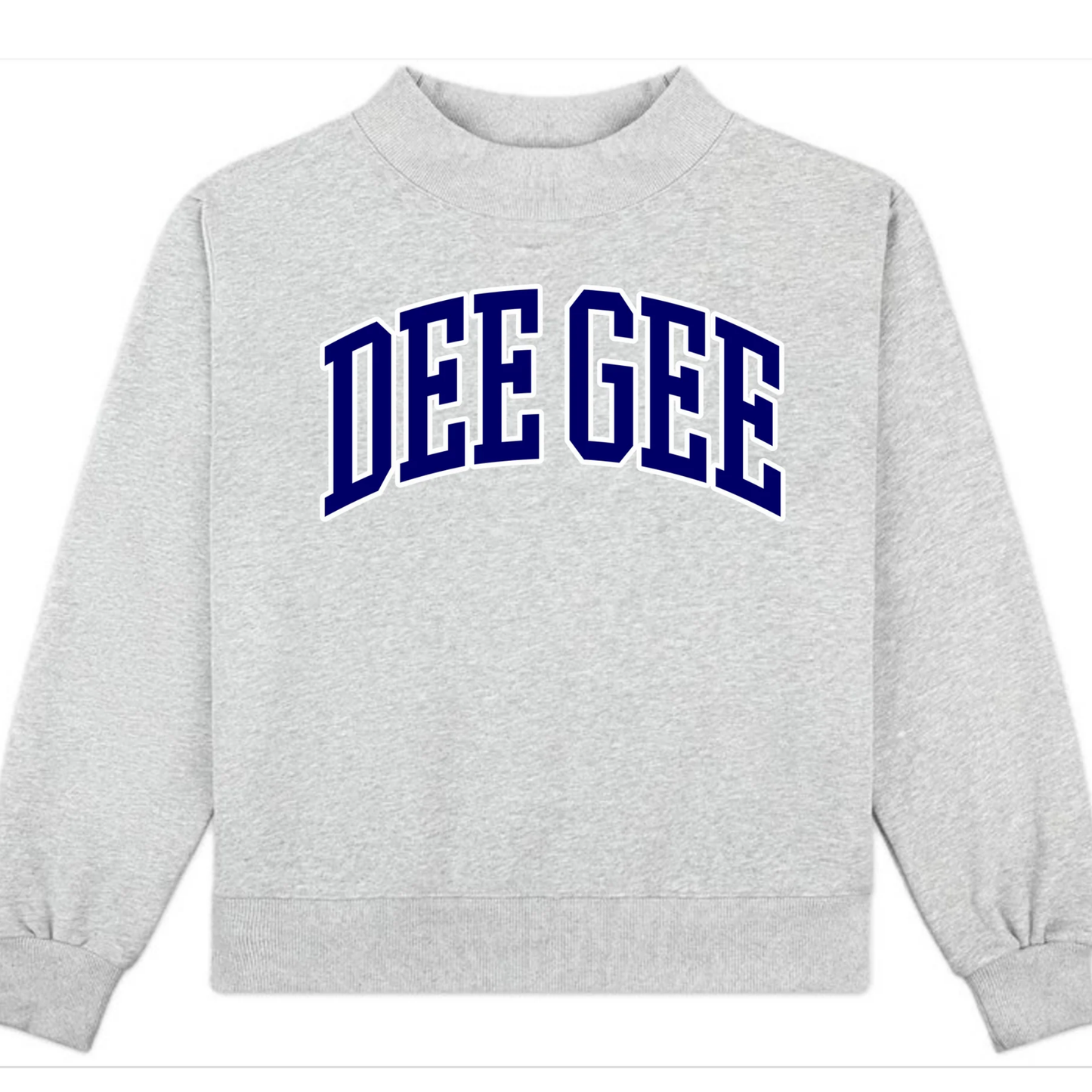 Gray sweatshirt with 'DEE GEE' printed in blue on a white background