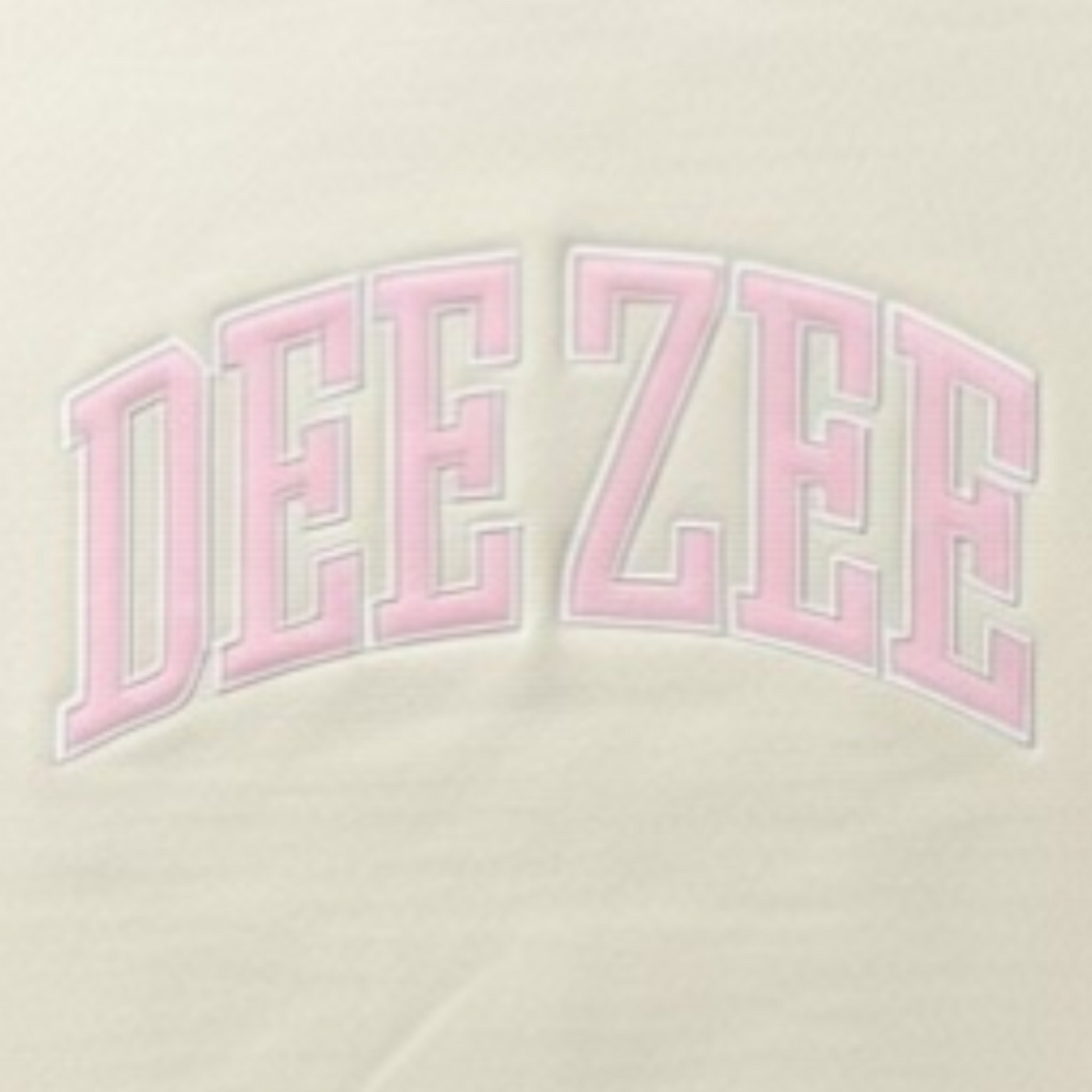Pink 'DEEZEE' text on a beige background