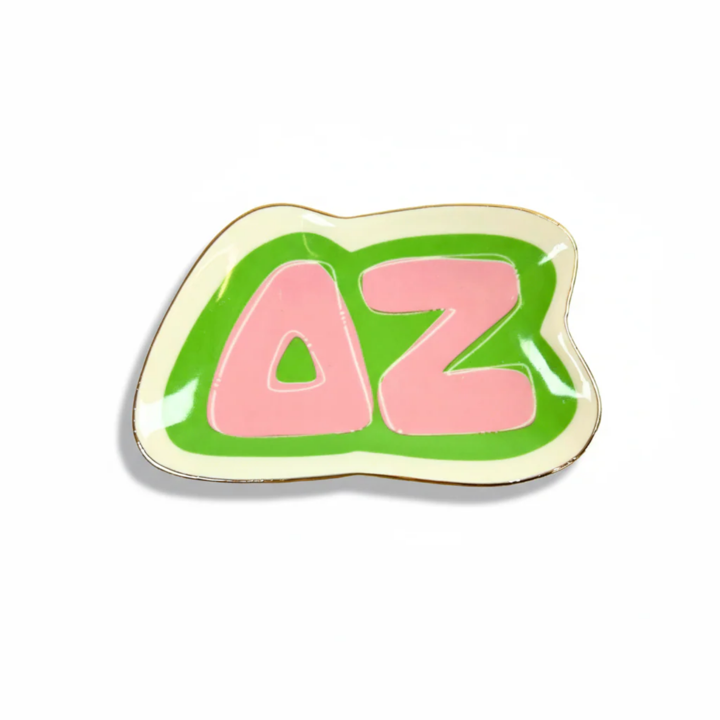 Delta Zeta trinket tray pink and green on a white background