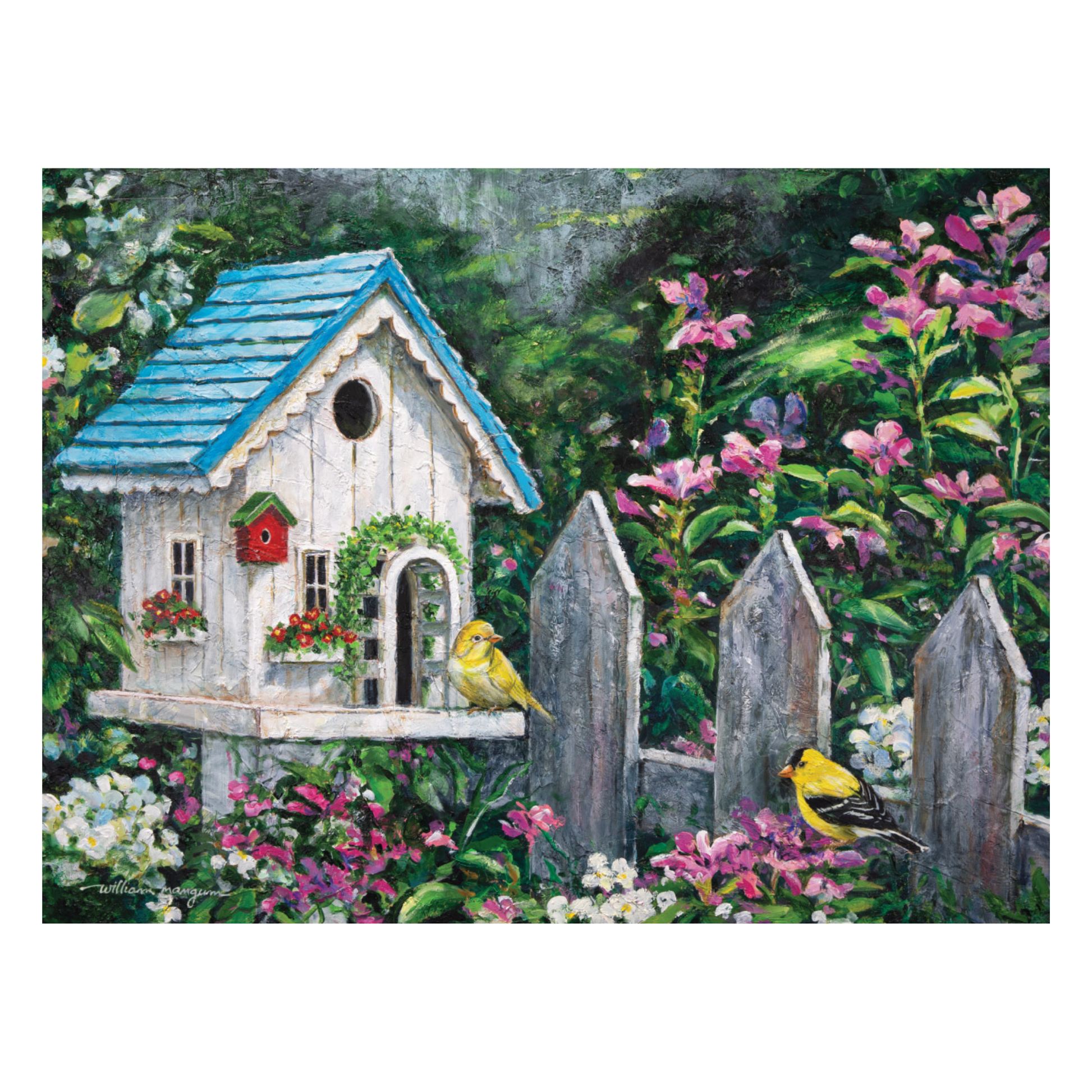 birdhouse and finches in summer scene