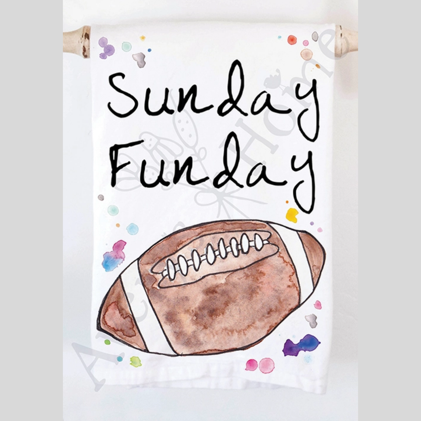 Dish towel with a football and 'Sunday Funday' text on a white background