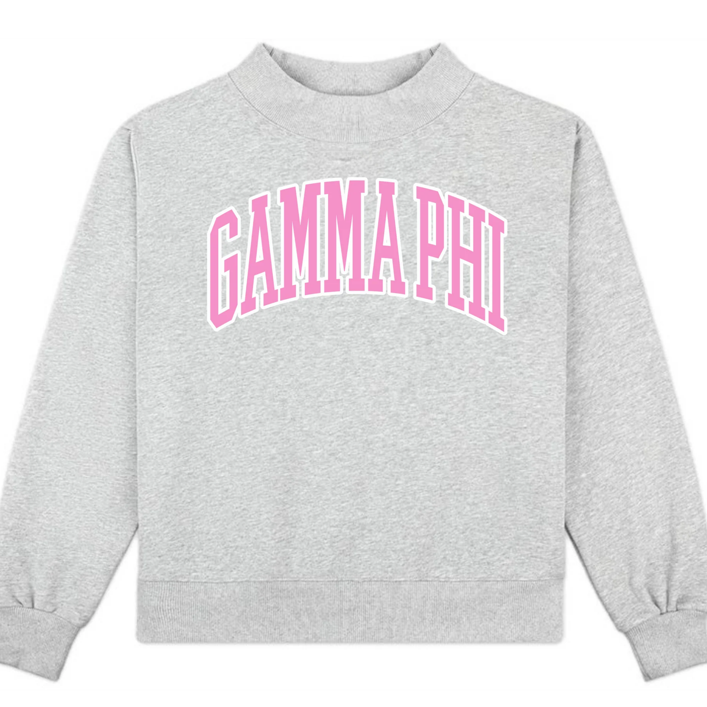 Gray sweatshirt with pink 'GAMMA PHI' text on a white background