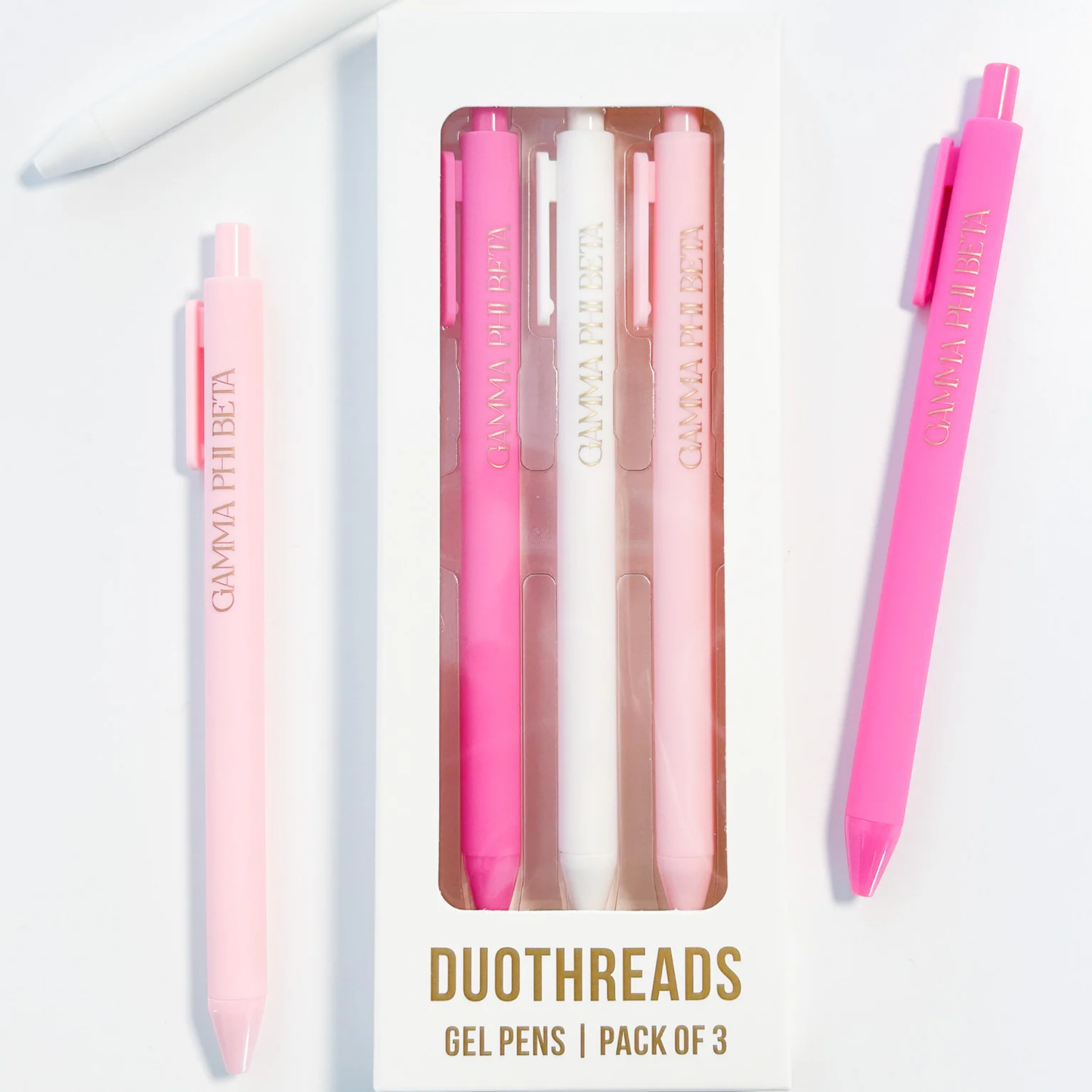 Set of three pink gel pens with a clear case labeled 'Duothreads' on a white background.