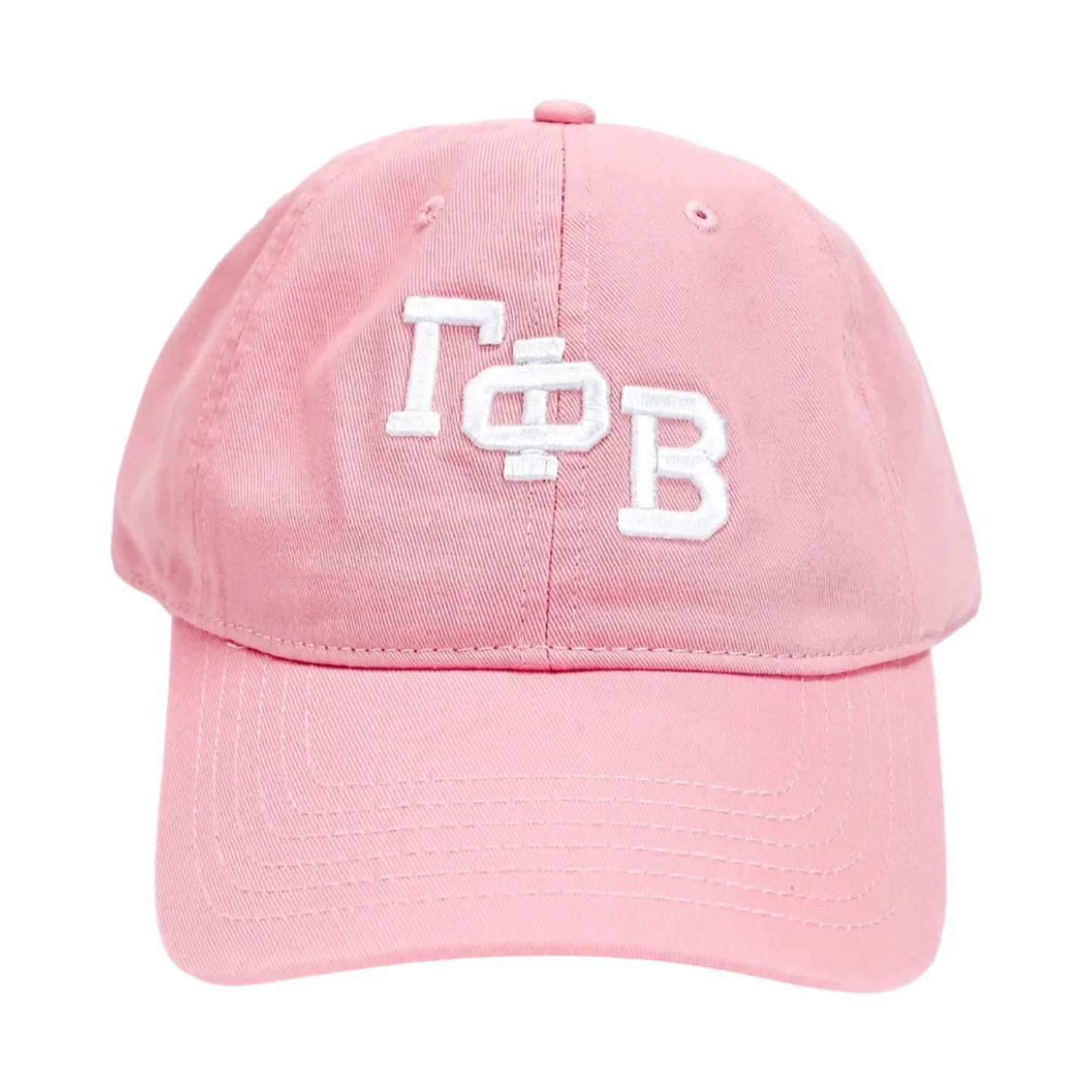Pink cap with white Greek letters on a white background