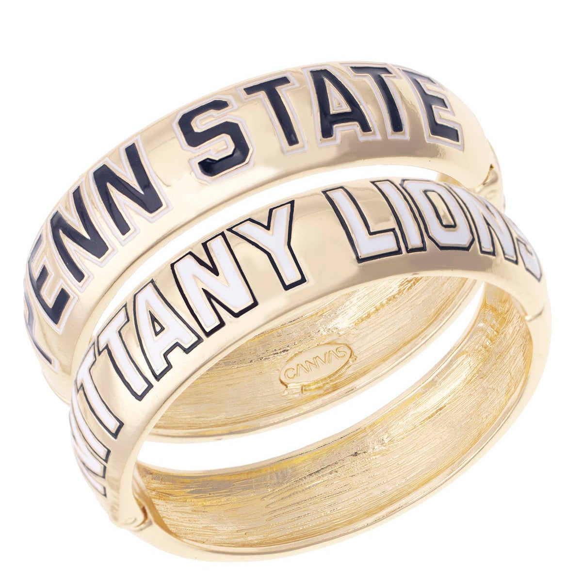 Gold bangle bracelet with 'Penn State' and 'Nittany Lions' text on a white background
