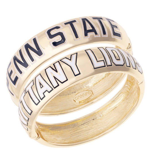 Gold bangle bracelet with 'Penn State' and 'Nittany Lions' text on a white background