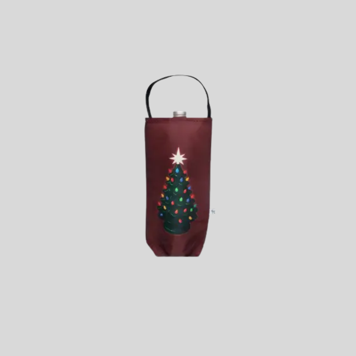 Wine bottle holder with Christmas tree design on a gray background