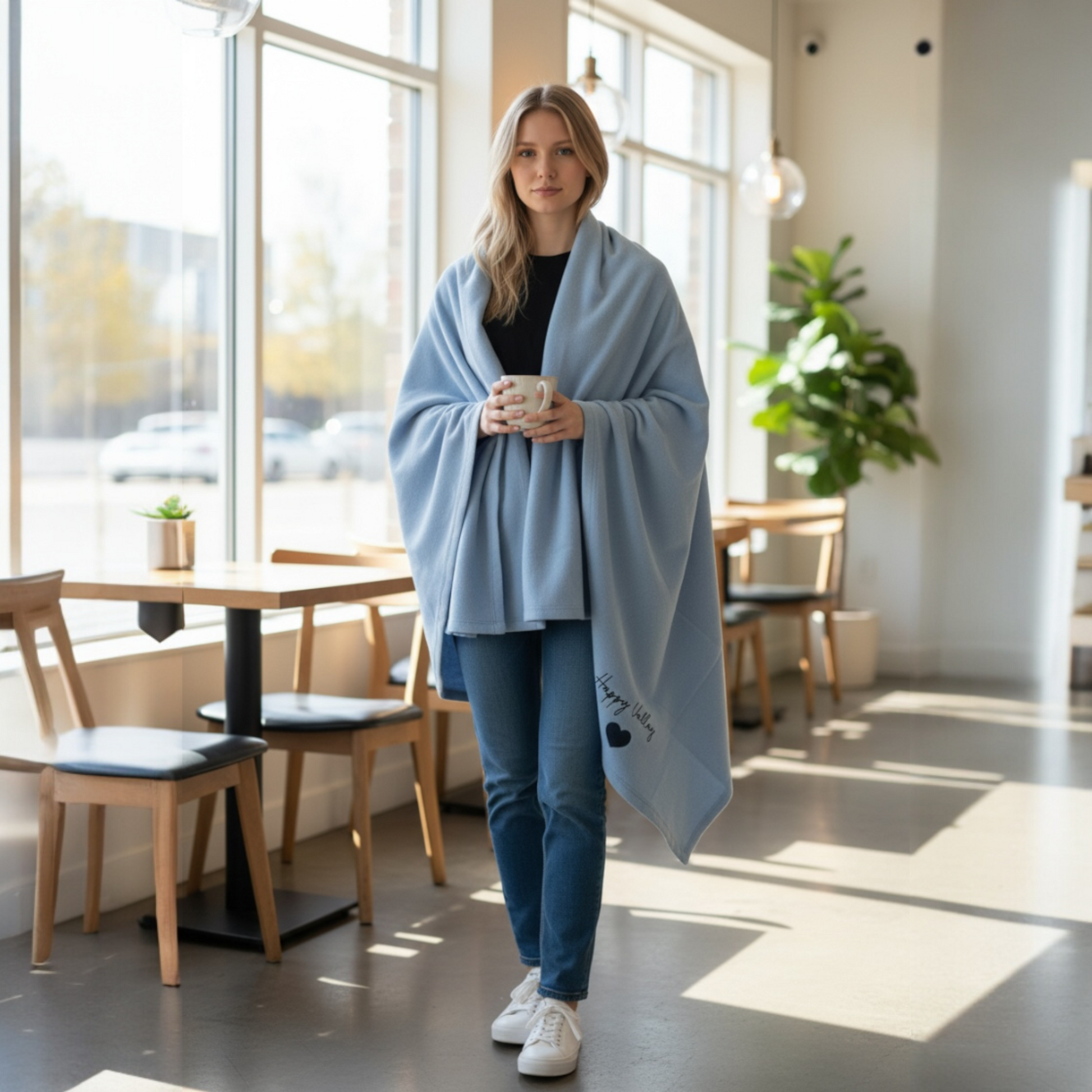 Woman wrapped in a blue blanket holding a mug in a cafe.