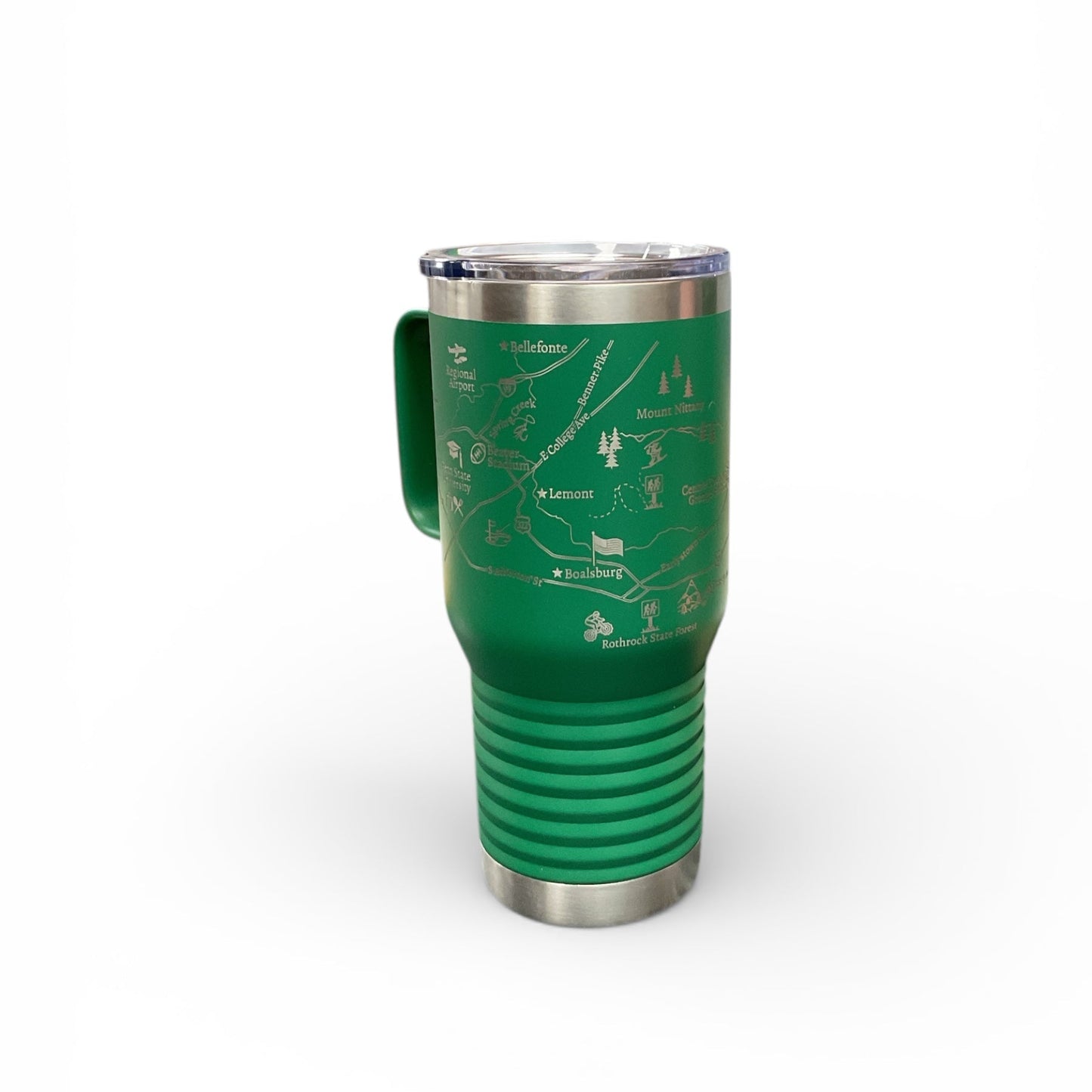 Green travel mug with map design on a white background