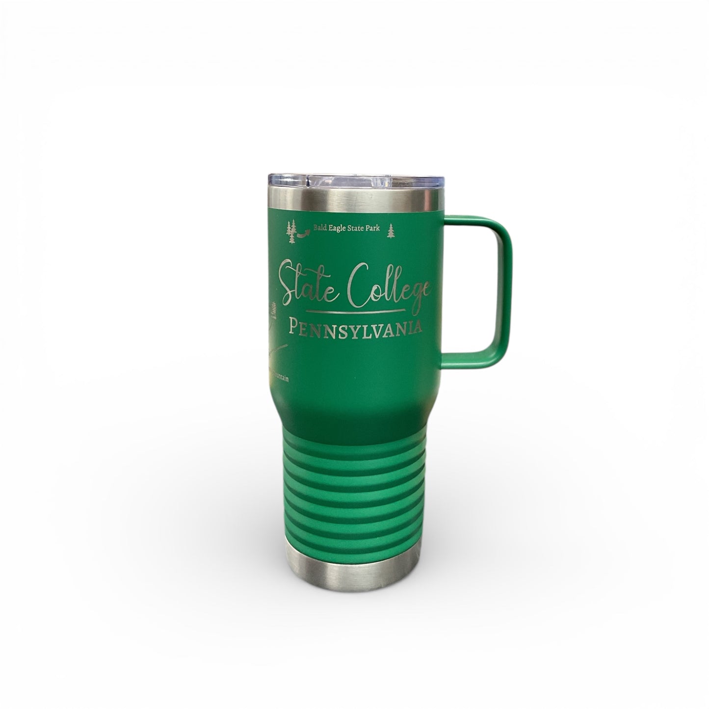 Hunter green State College travel mug