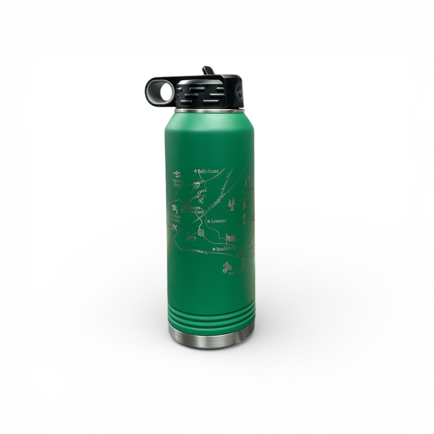 Hunter green water bottle with straw lid and tate College map engraved 