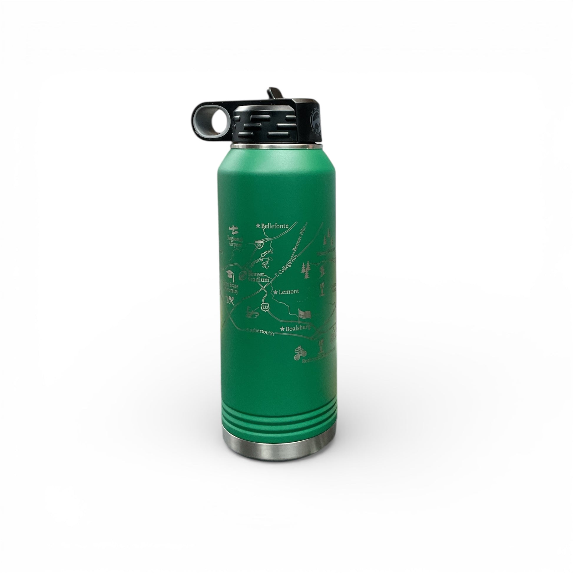 Hunter green water bottle with straw lid and tate College map engraved 