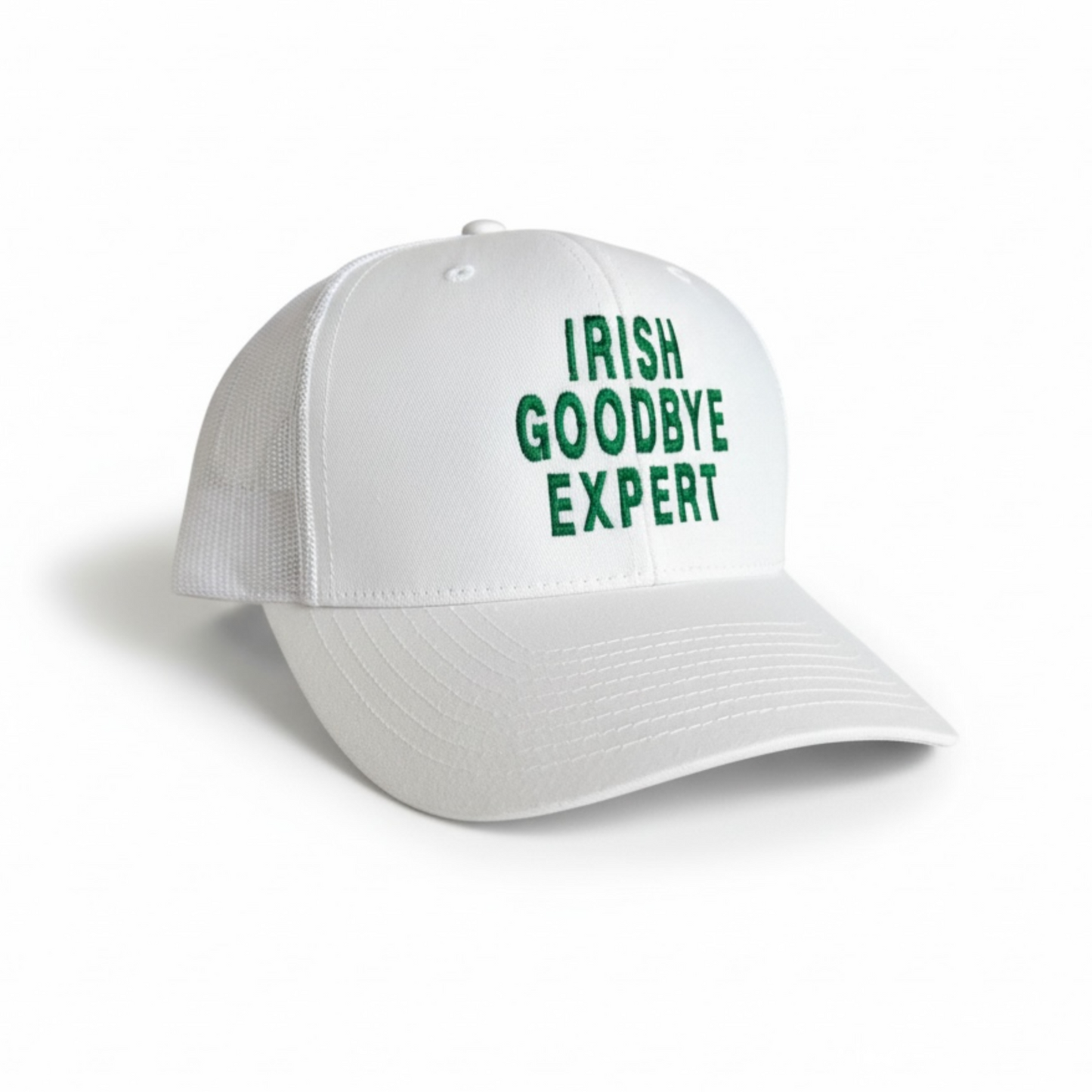 White cap with 'Irish Goodbye Expert' text in green on a white background
