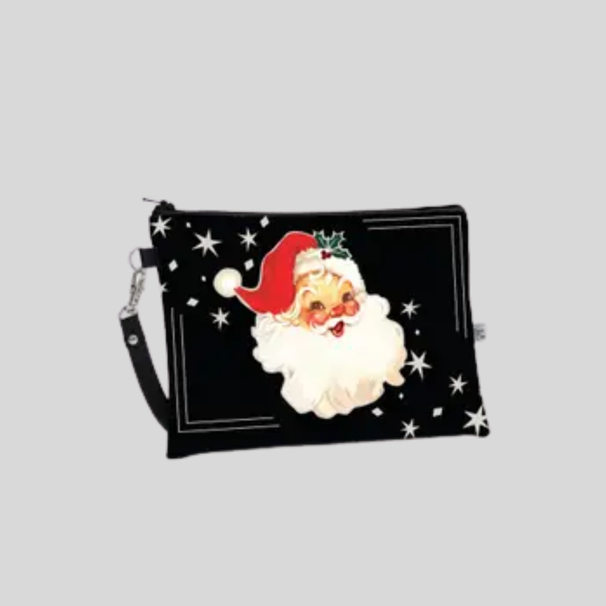 Black pouch with Santa Claus design on a light gray background