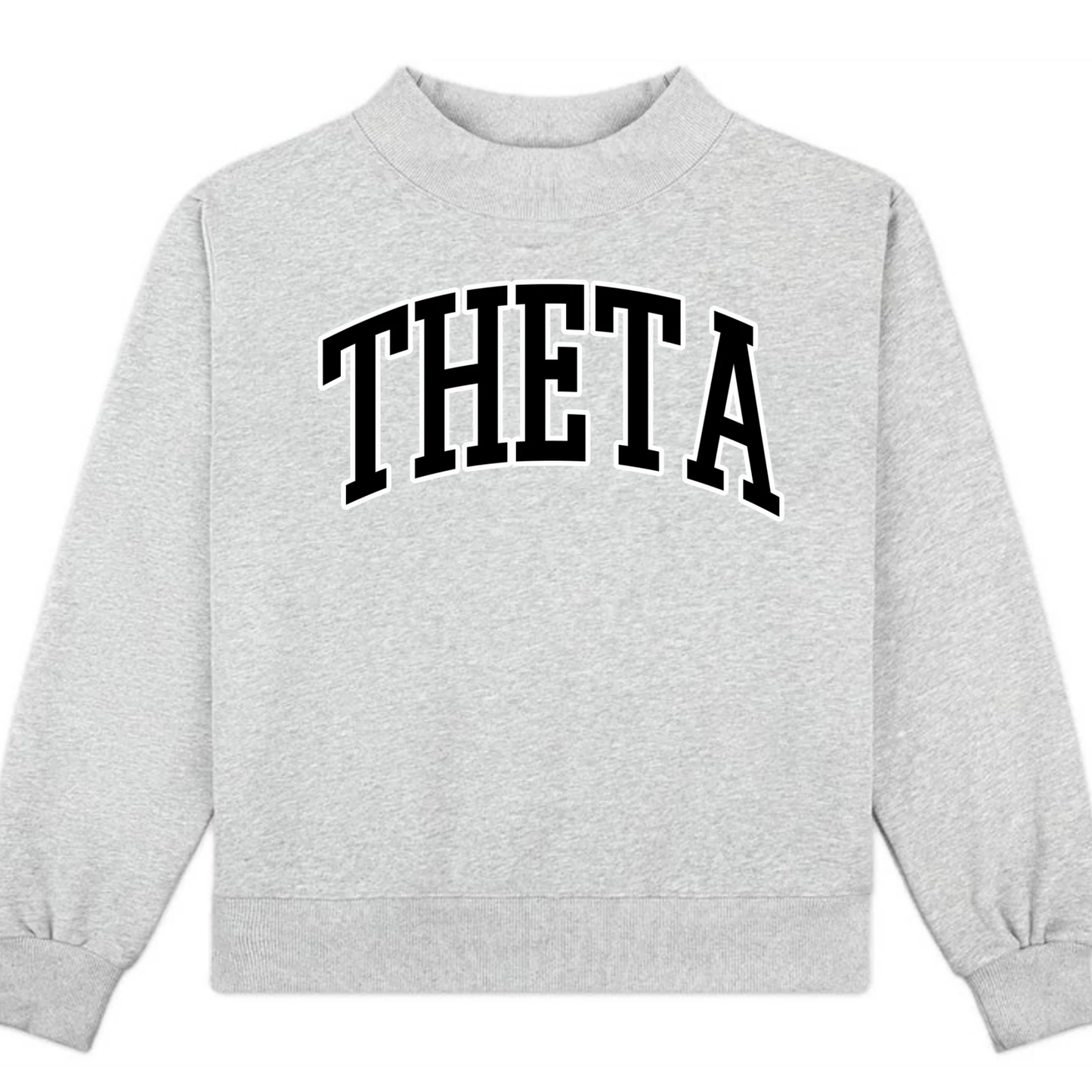 Gray sweatshirt with 'THETA' printed in black on a white background