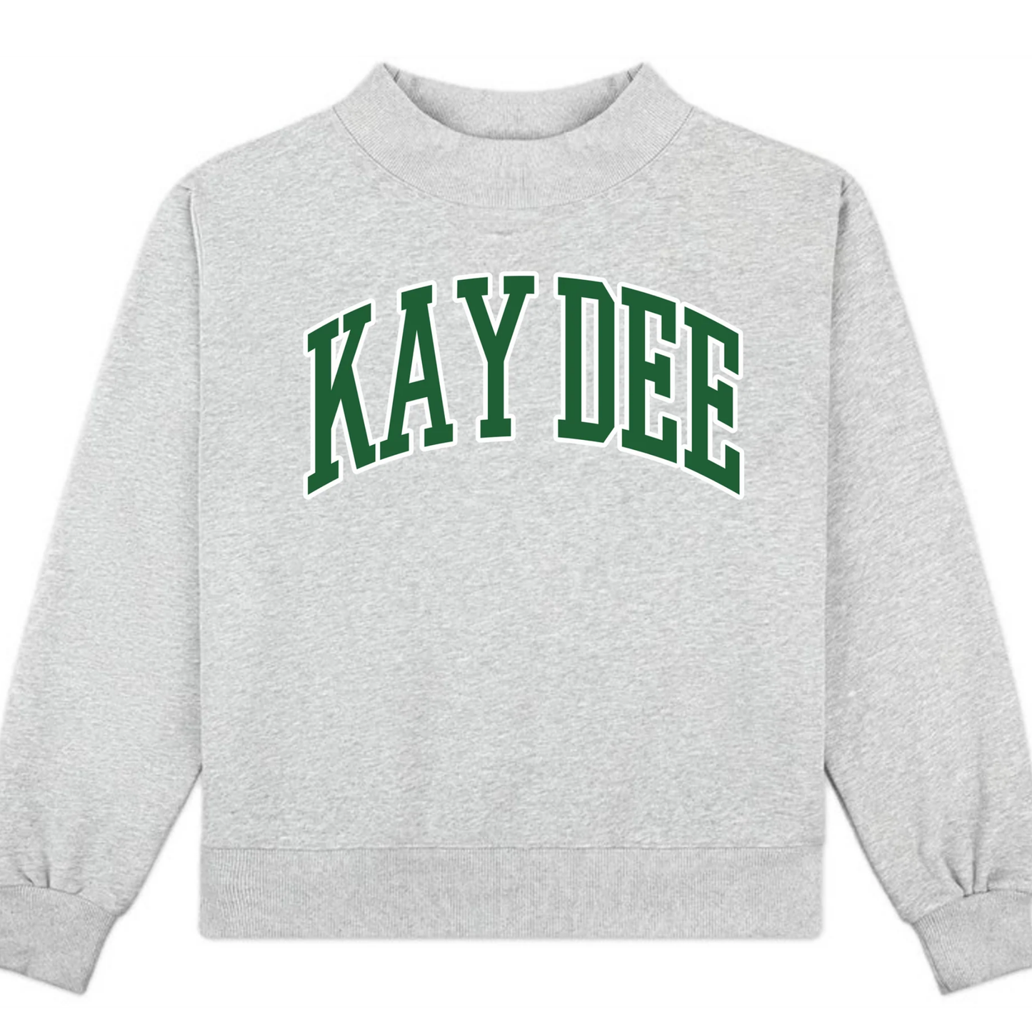 Gray sweatshirt with 'KAY DEE' printed in green on a white background