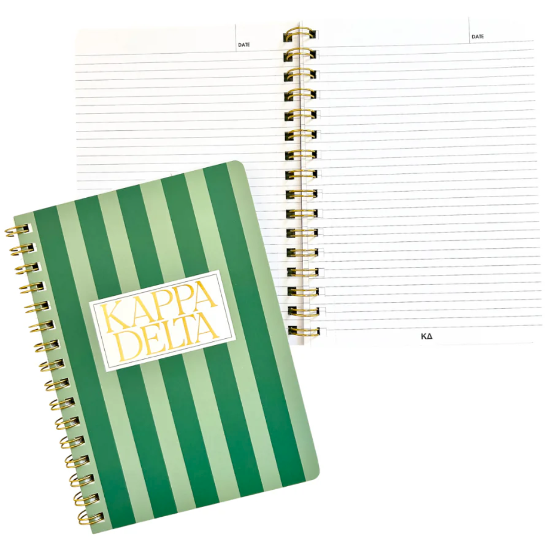 Green and white striped notebook with 'Kappa Delta' logo on a white background