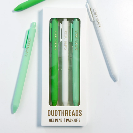 Pack of three Kappa Delta gel pens in green and white with packaging on a white background