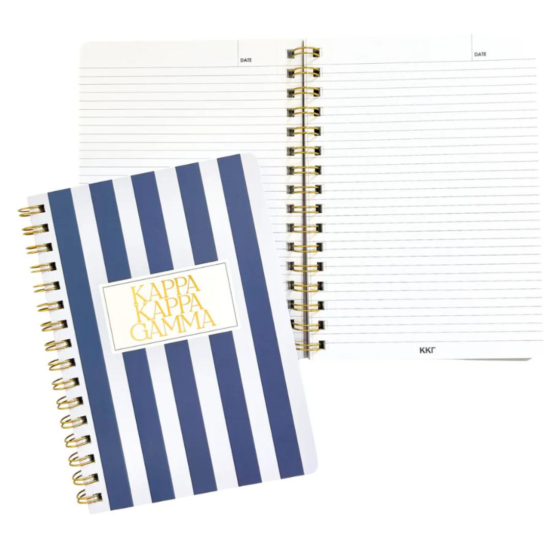 Notebook with blue and white striped cover on a white background