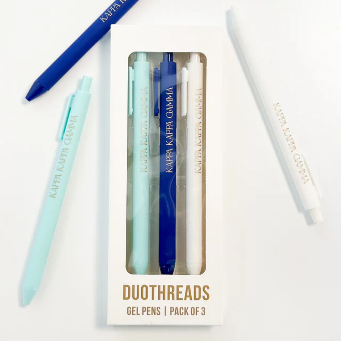 Pack of three gel pens with 'Kappa Kappa Gamma' branding on a white background