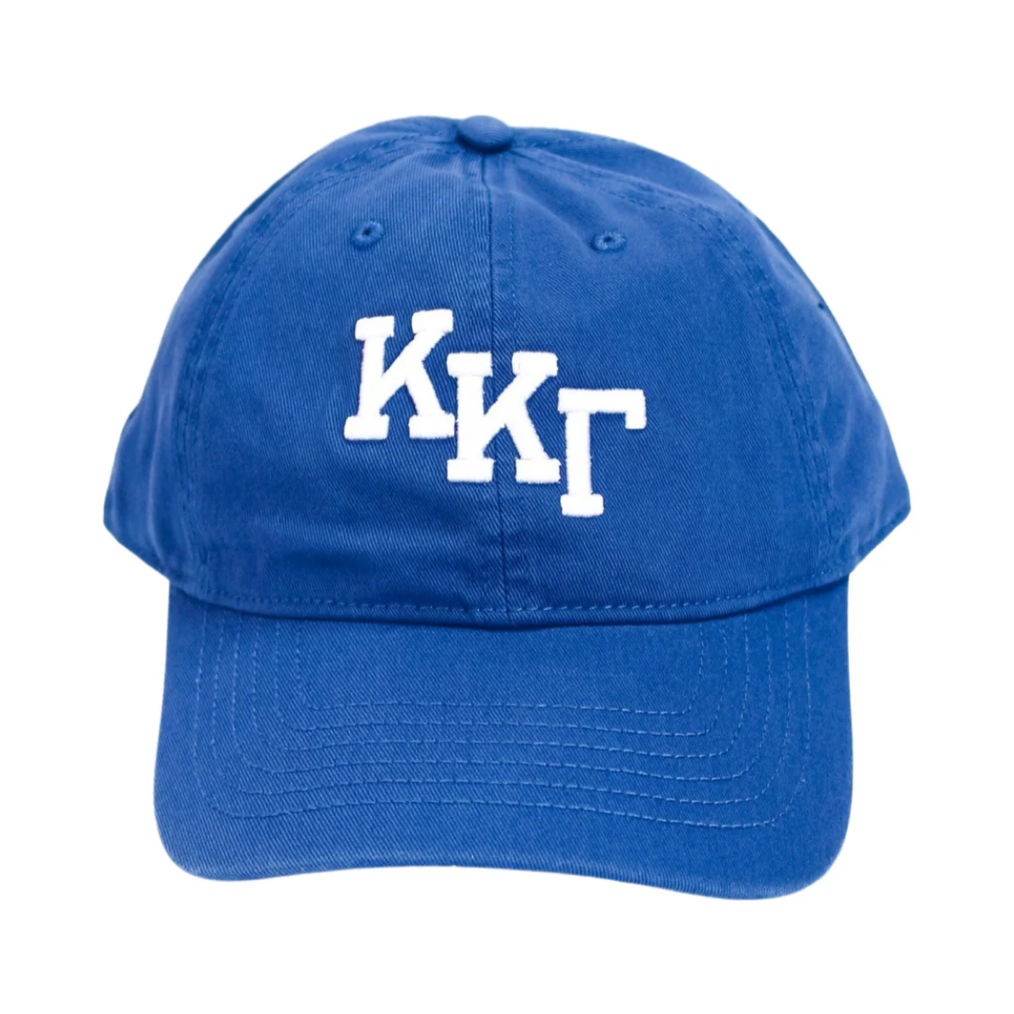 Blue cap with white letters on a white background