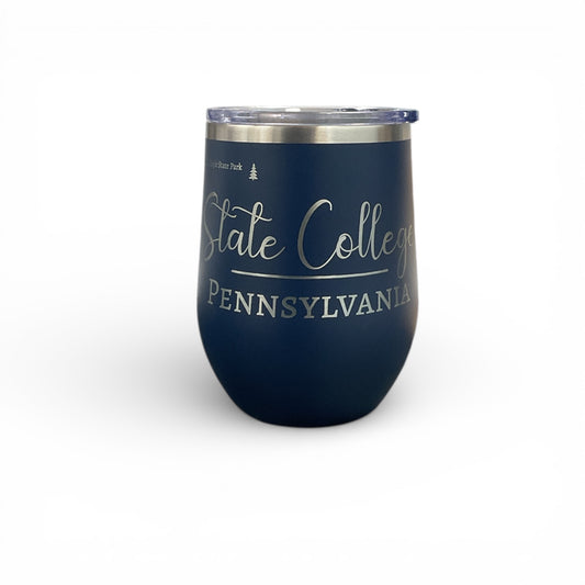 Navy blue insulated tumbler with 'State College, Pennsylvania' text and engraved map