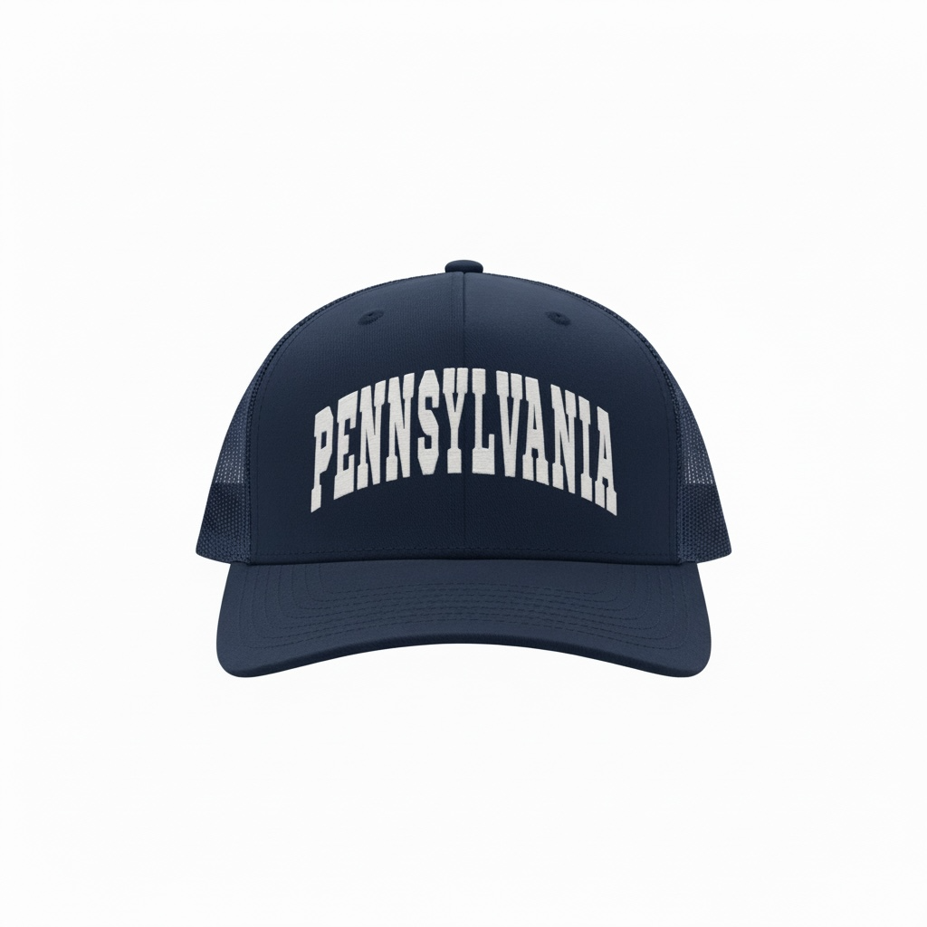 Navy blue trucker hat with 'Pennsylvania' text in white