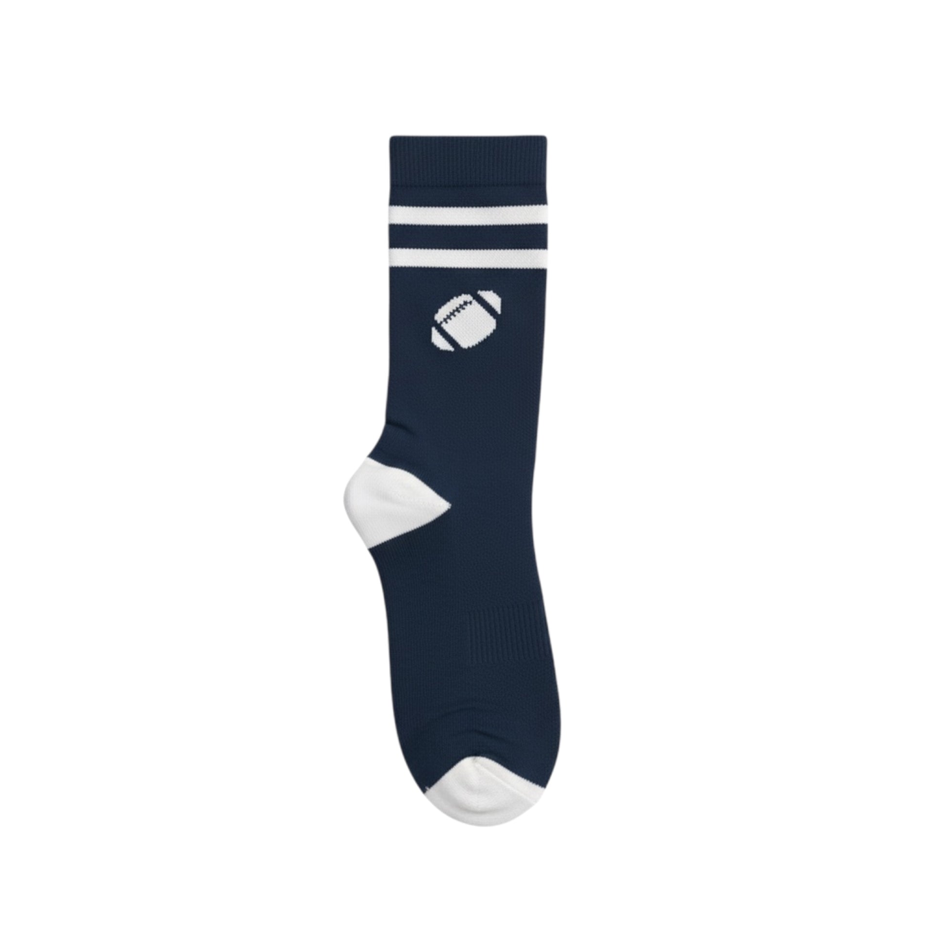 Navy crew socks with white football logo 