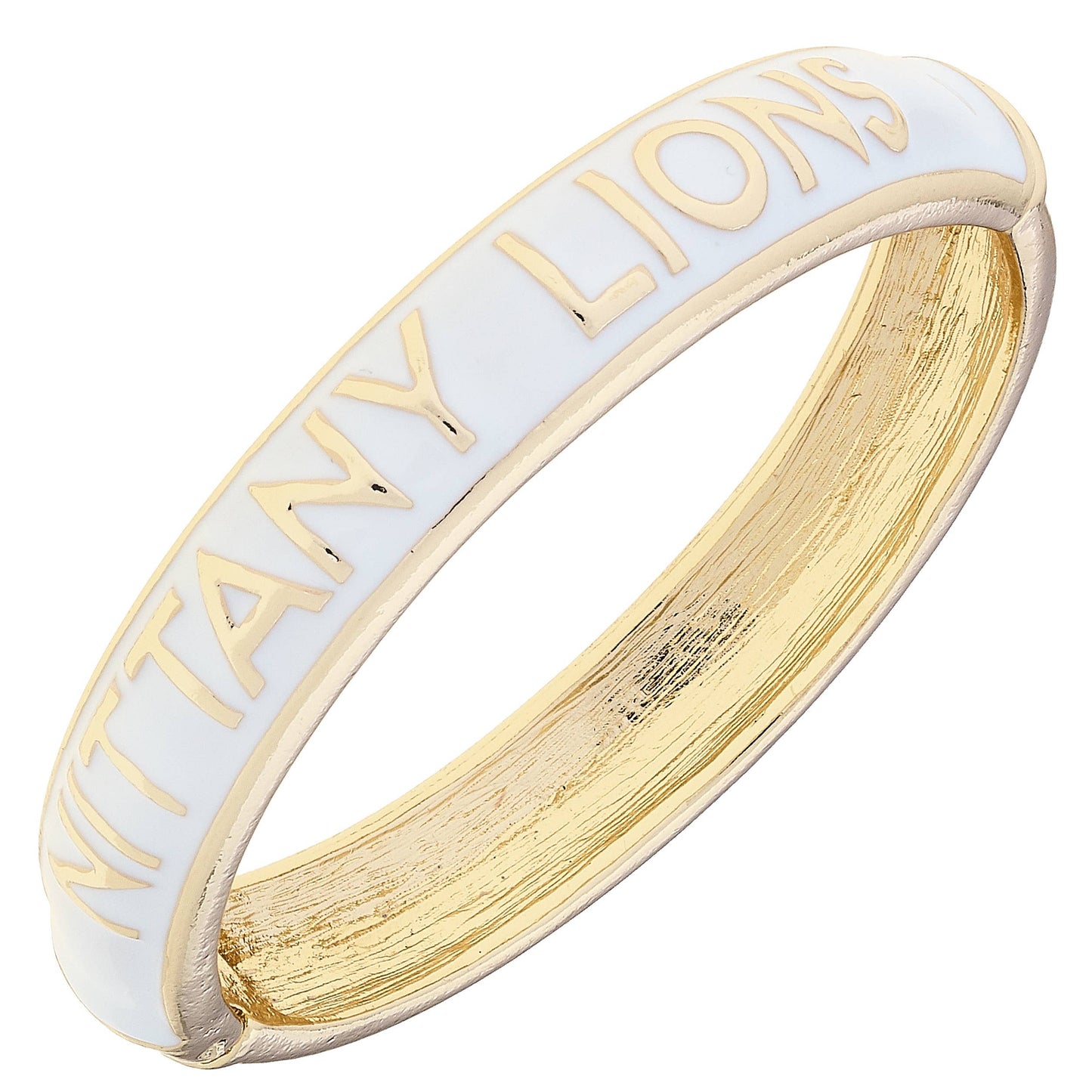 Gold and white bracelet with 'Nittany Lions’' engraving on a white background