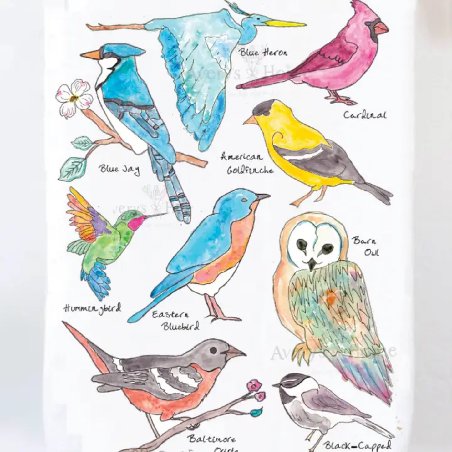 birds painted on dish towel
