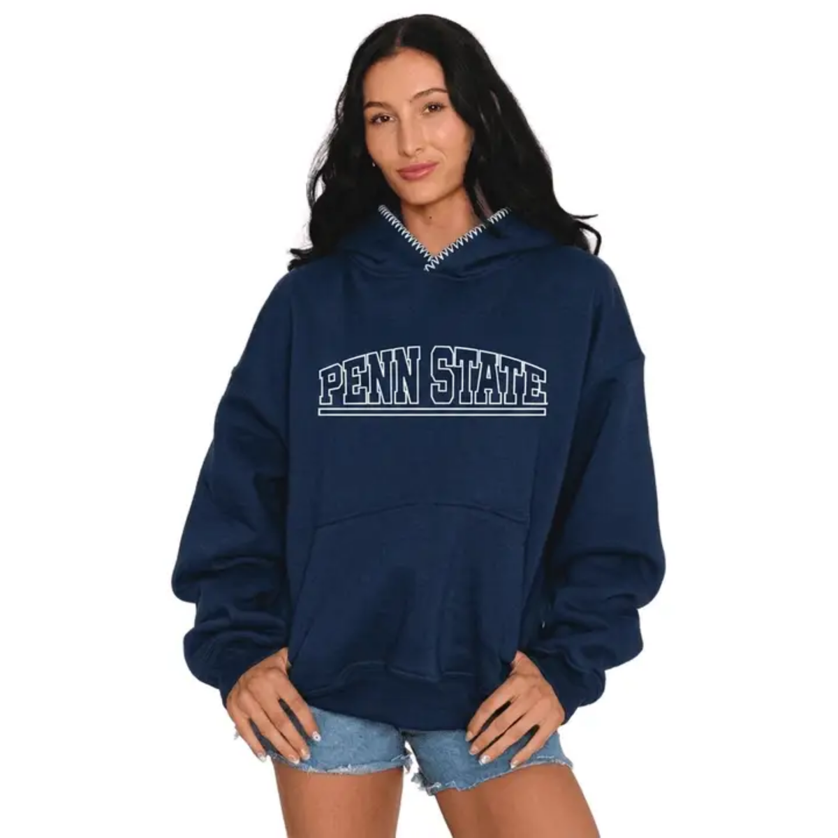 Woman wearing Navy Hoodie with Stitched Hood and Penn State stitched