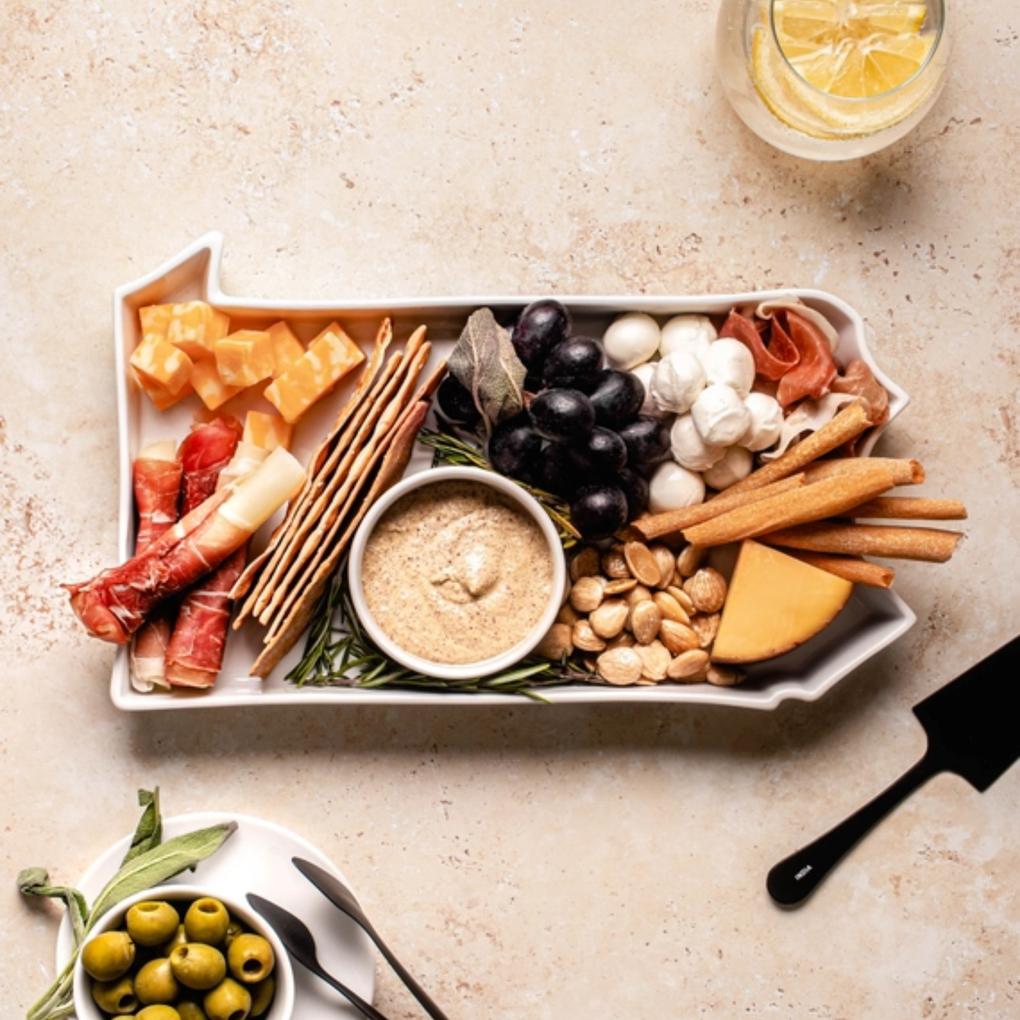 Snacks on white platter