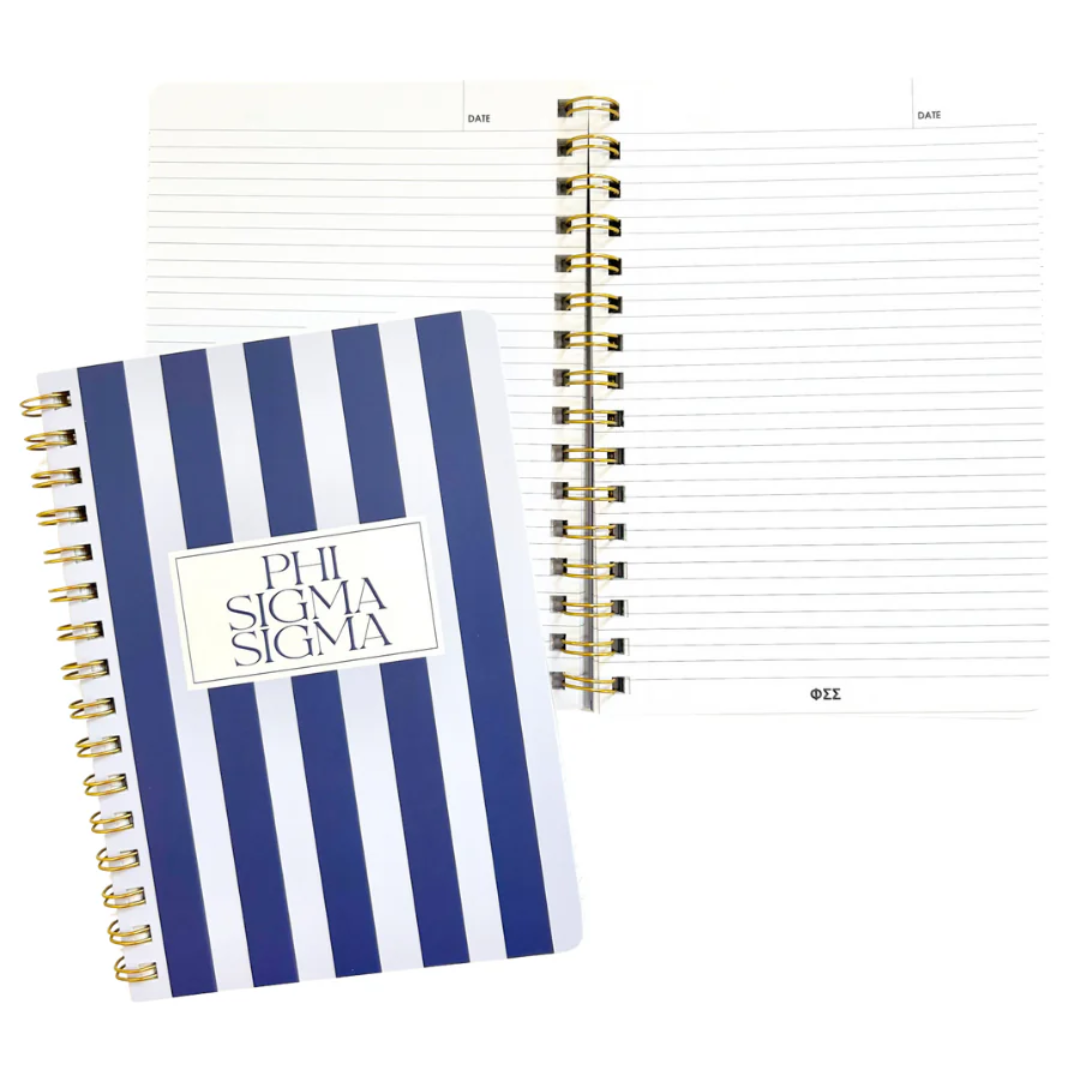 Notebook with blue and white striped cover and 'Phi Sigma Sigma' logo on a white background