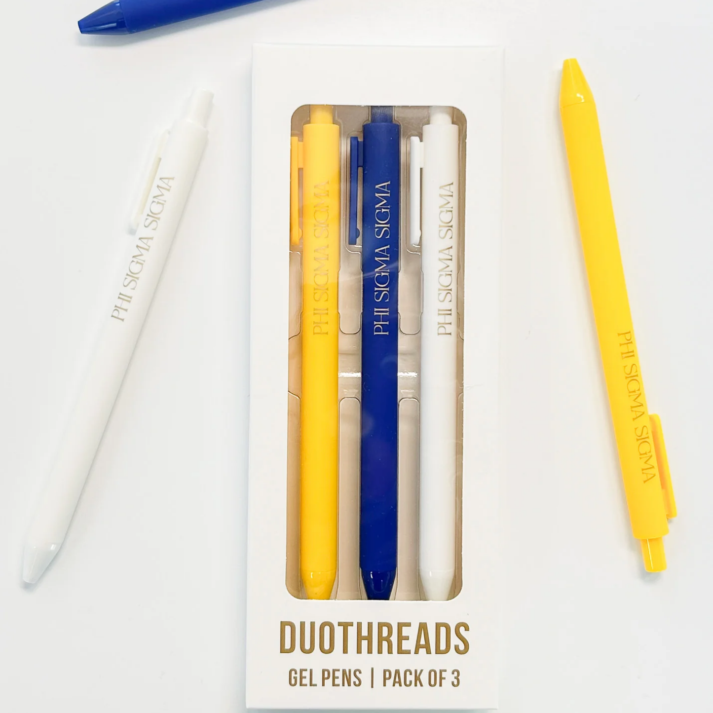 Pack of three gel pens with visible branding on a white background