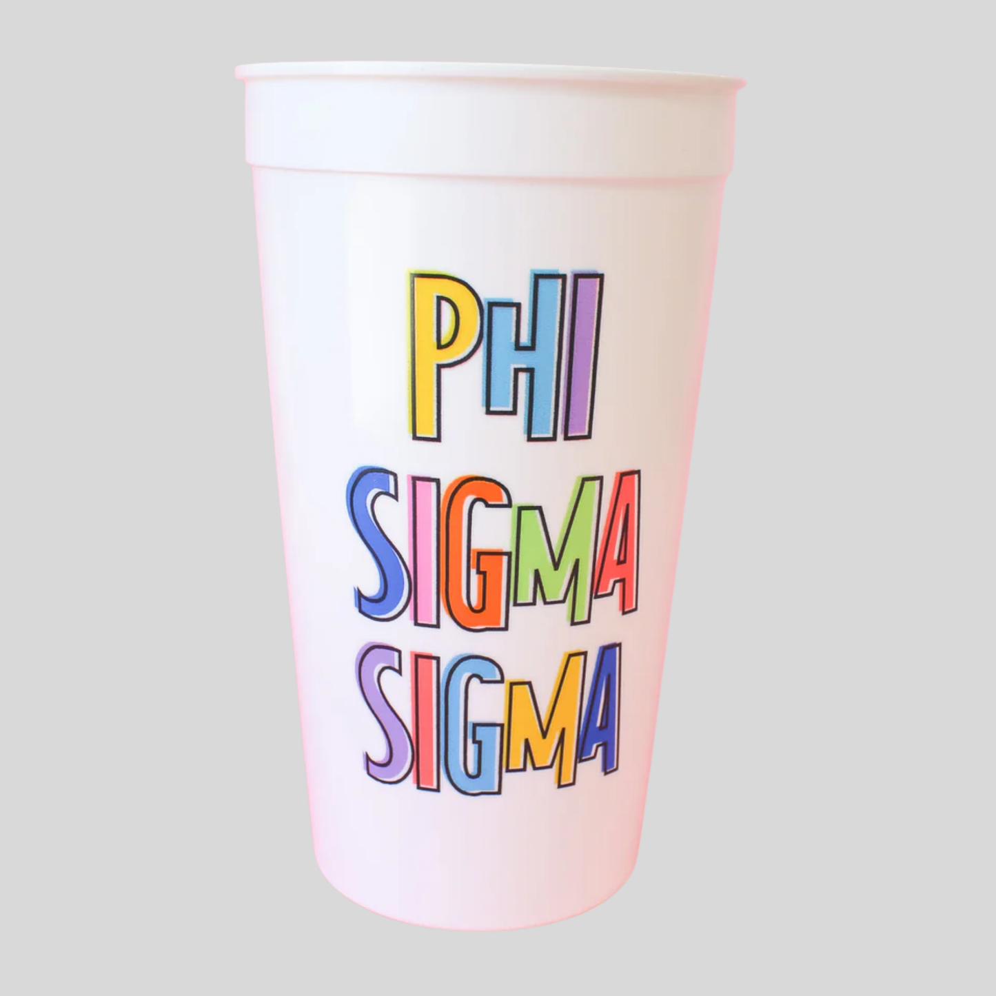 Colorful 'Phi Sigma Sigma' text on a white cup against a gray background