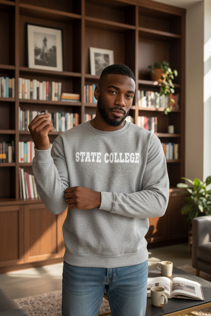 Model wearing heather grey State College sweatshirt with jeans, full-body view.