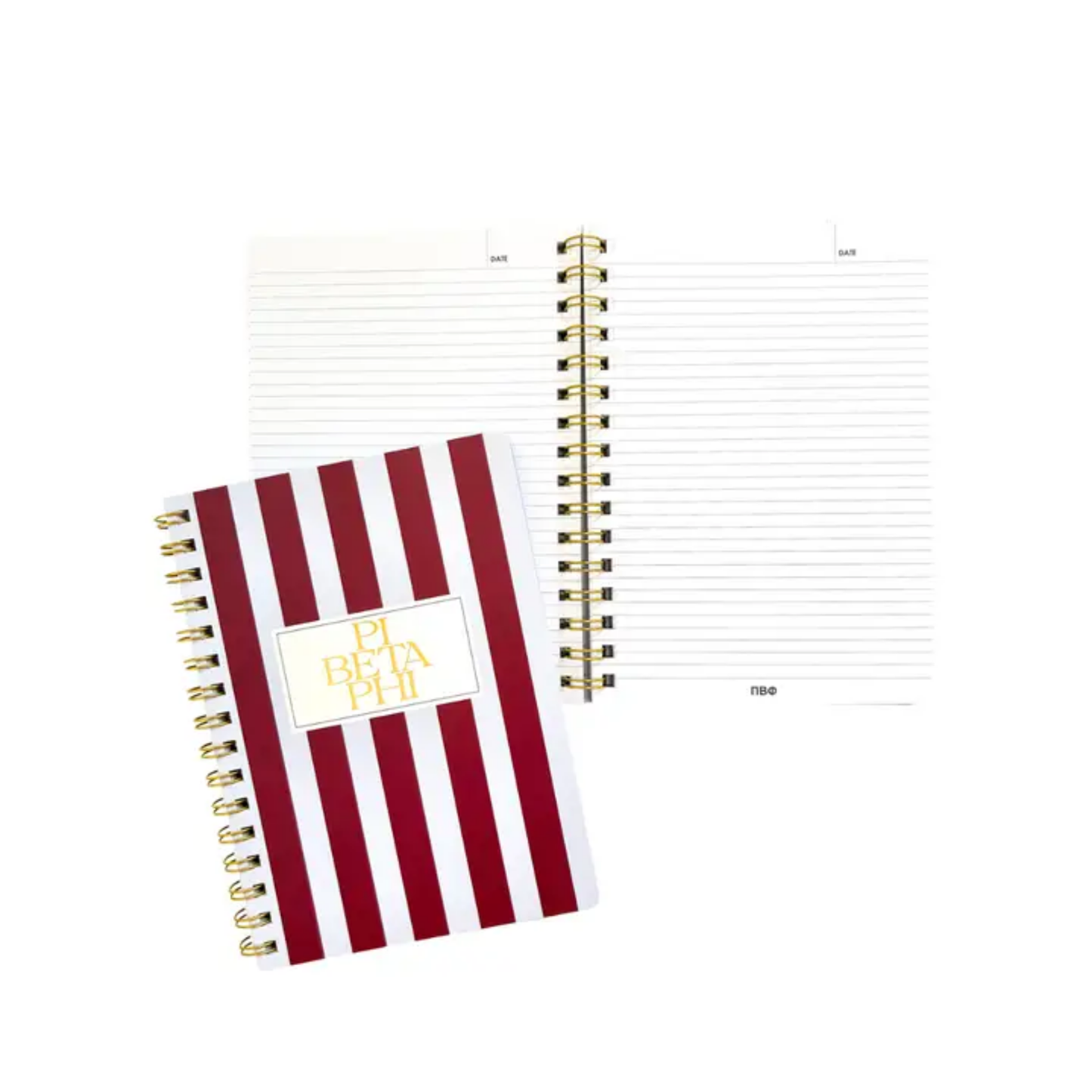 Notebook with red and white striped cover and gold spiral binding on a white background