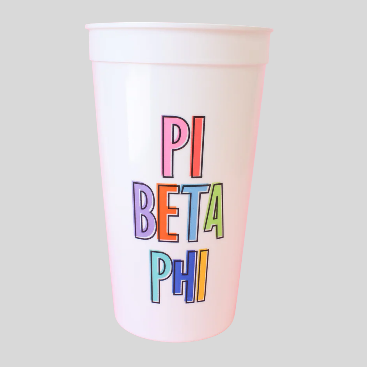 White cup with 'PI BETA PHI' in colorful letters on a light gray background