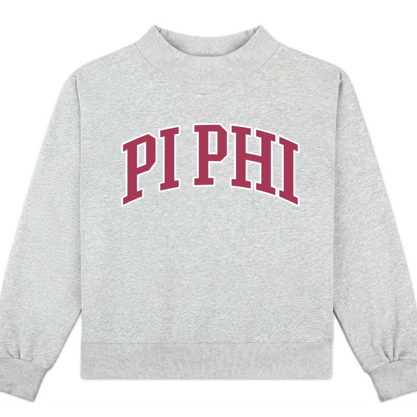 Gray sweatshirt with 'PI PHI' printed in red on a white background