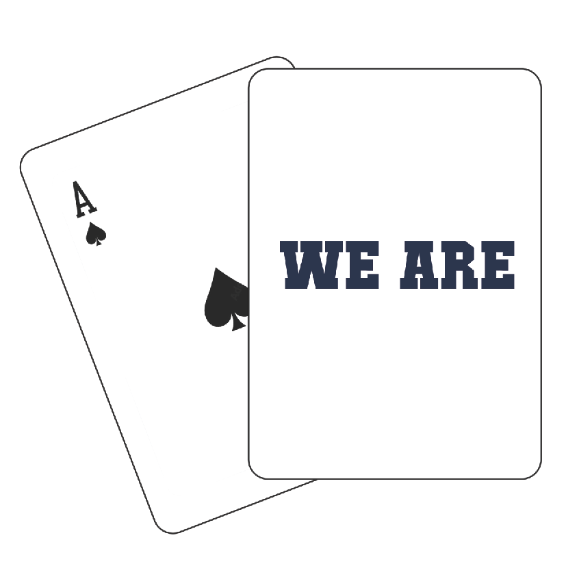 Two playing cards with 'WE ARE' text and spade symbol, branded with Town Pride logo.