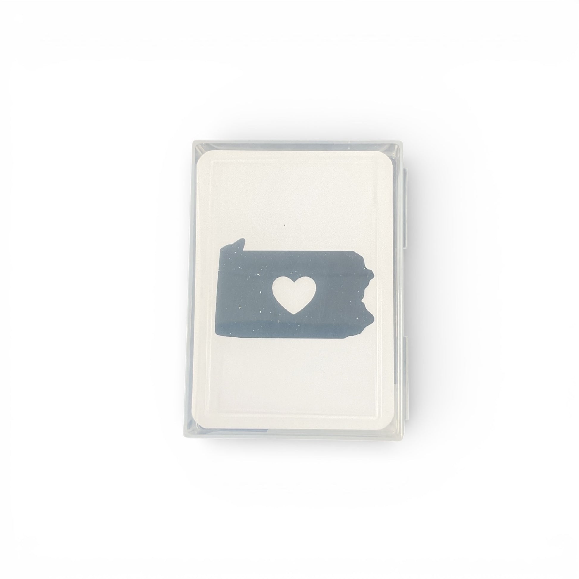 Playing cards with a blue outline of a Pennsylvania with a heart in the center 