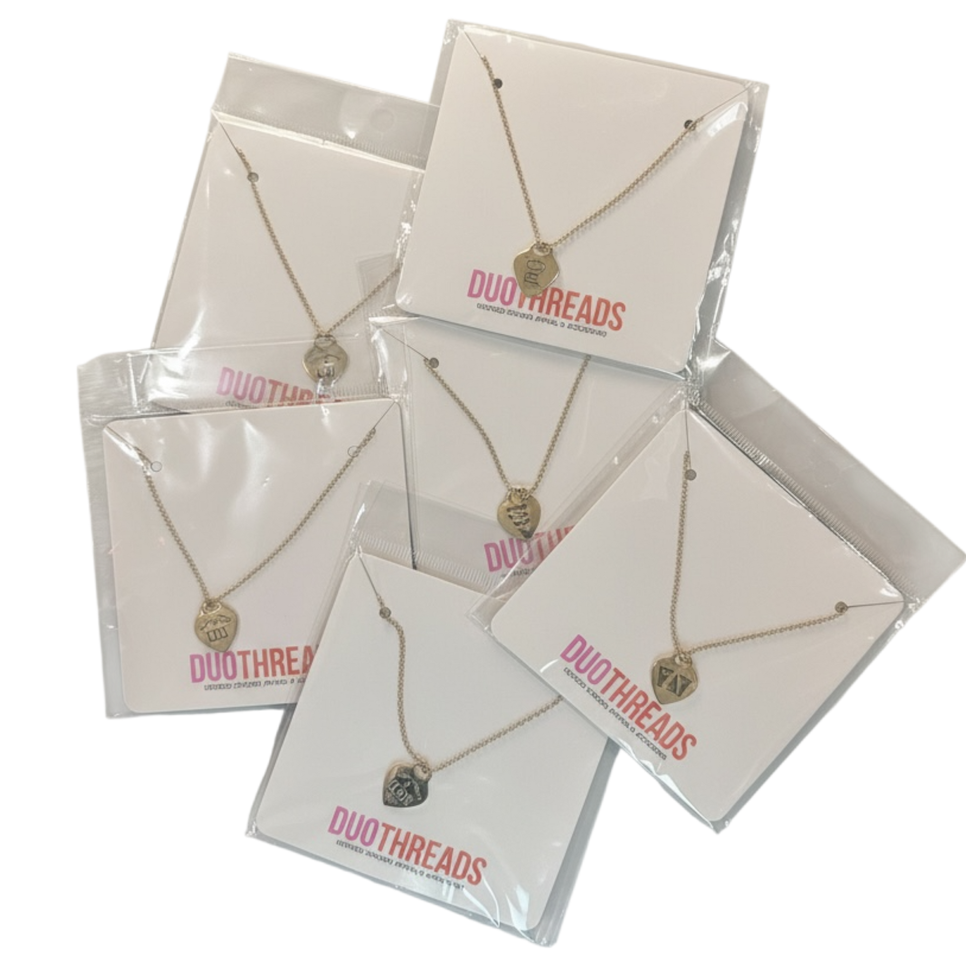 Necklace displayed on a card with 'Duothreads' branding, shown in multiple angles.
