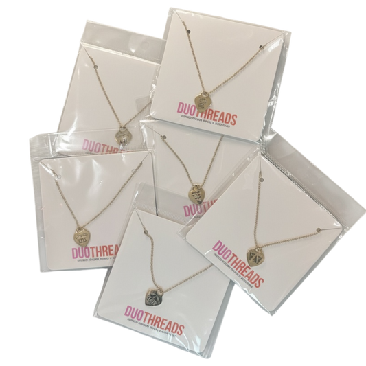 Necklace displayed on a card with 'Duothreads' branding, shown in multiple angles.