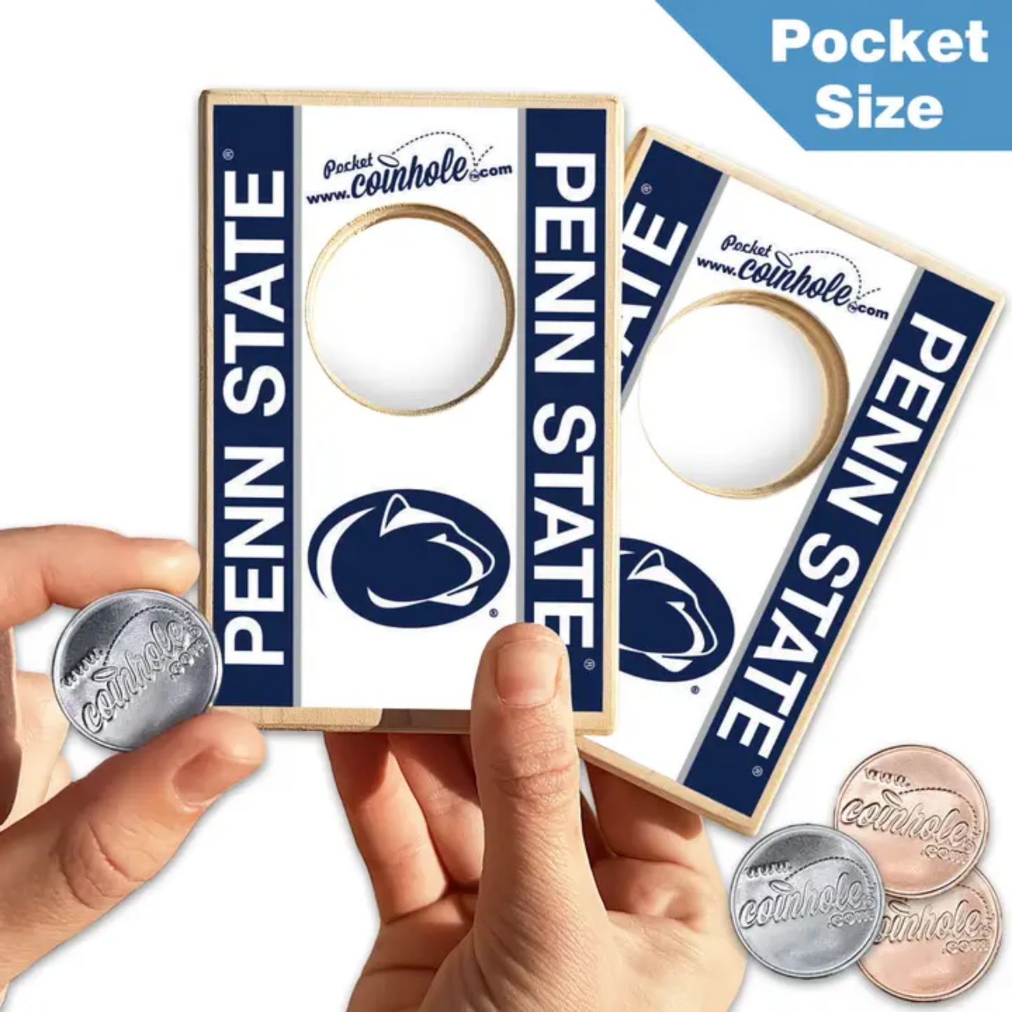 Penn State-themed pocket coinhole game with coins on a white background